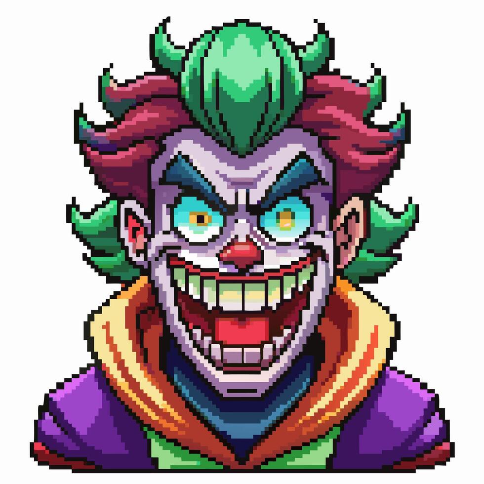 Colorful Pixel Art Evil Clown with Menacing Smile and Crazy Eyes vector