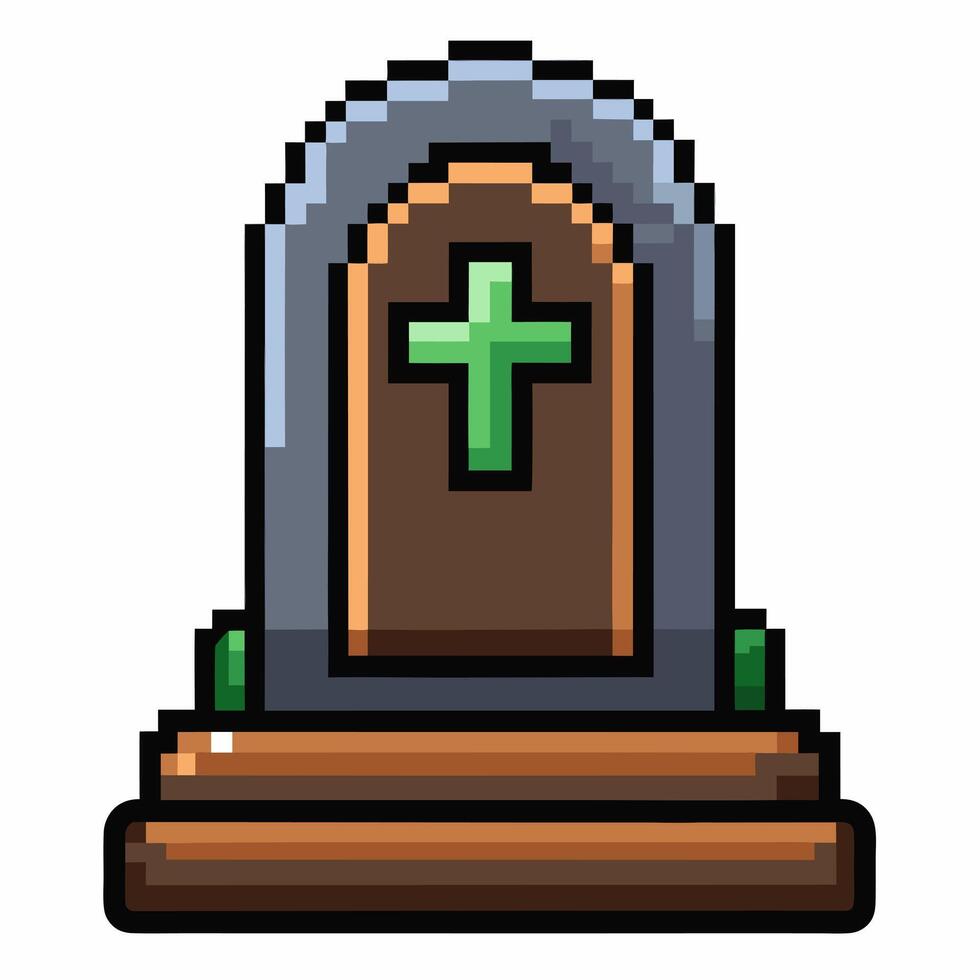 Pixel Art Gravestone with Cross Retro Gaming Icon for Halloween and Spooky Themes vector