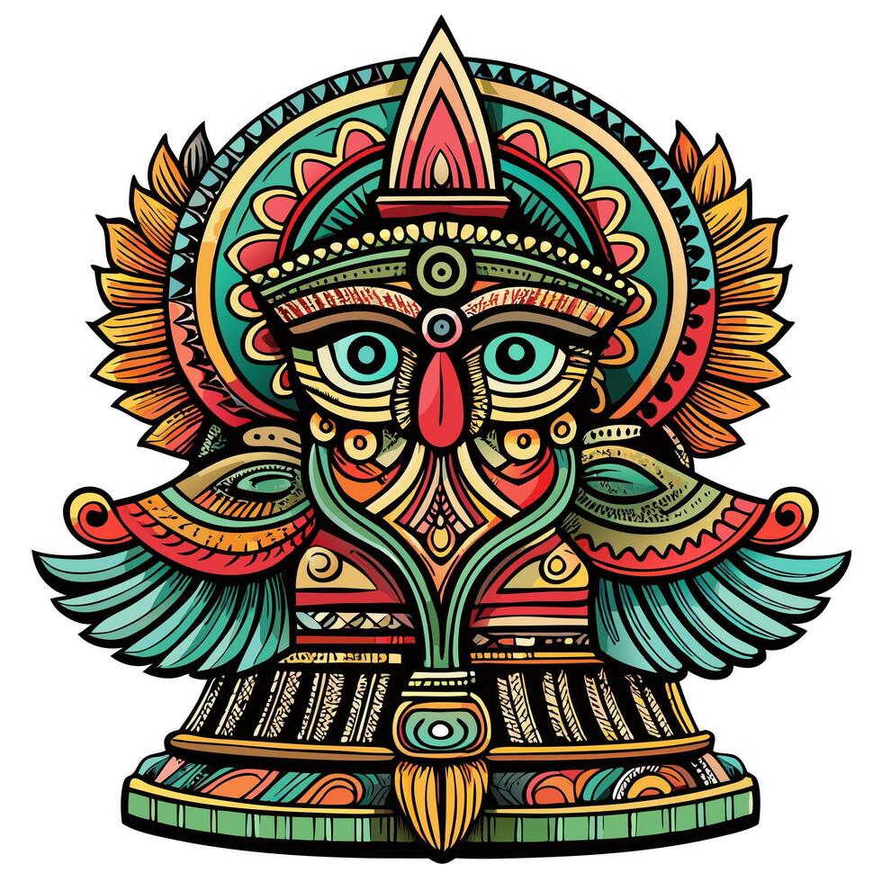 Colorful Ornate Tribal Mask Illustration with Intricate Patterns and Bold Design Elements vector