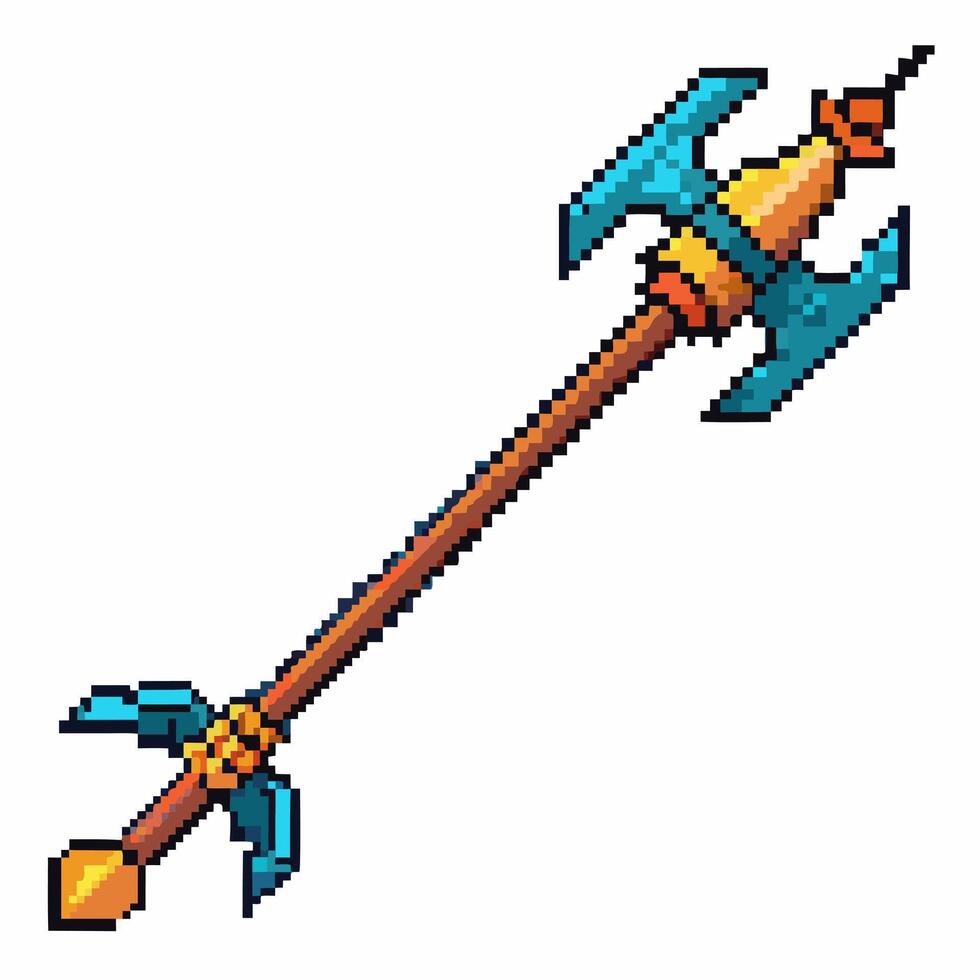 Retro Pixel Art Fantasy Spear with Blue Axe Blades and Wooden Handle vector