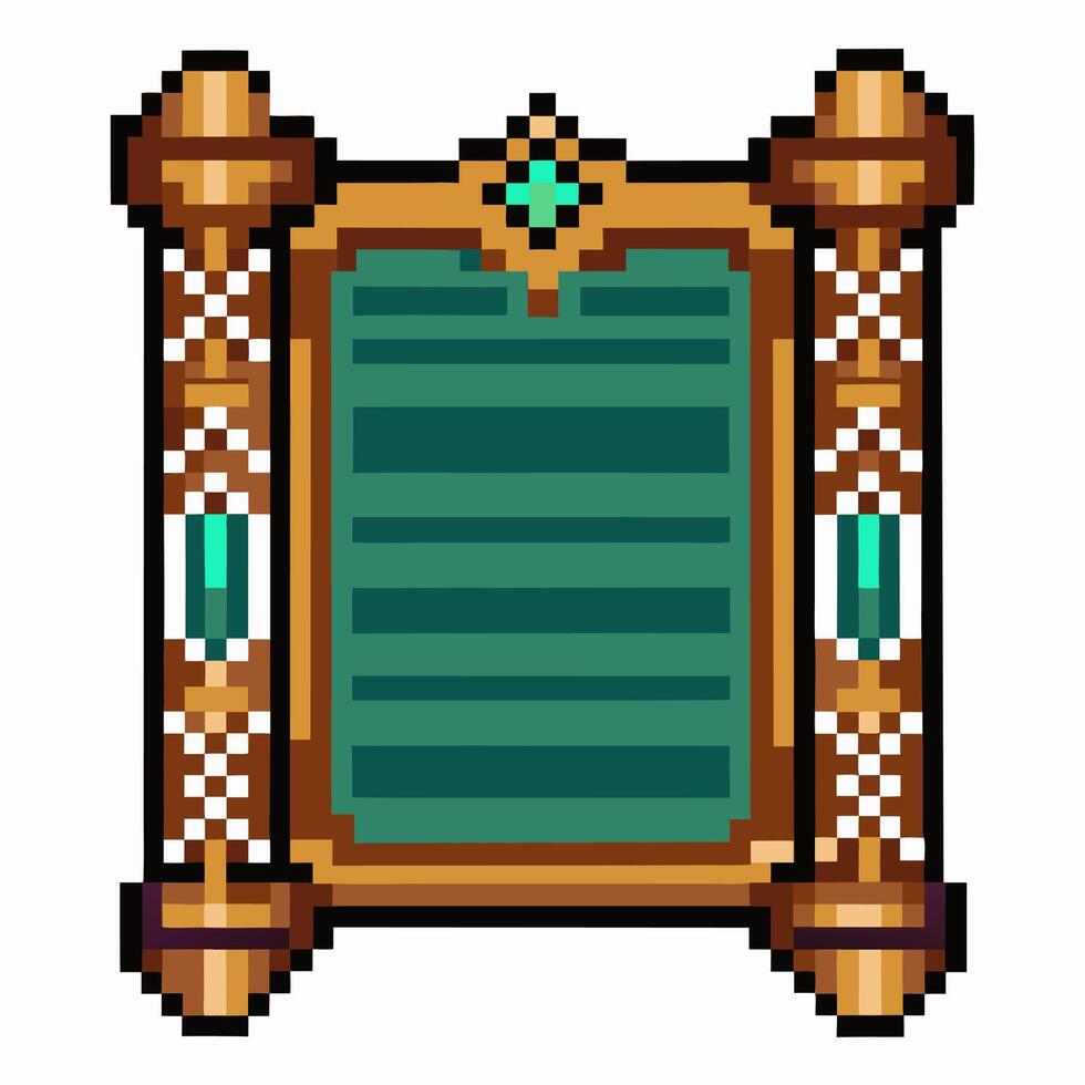 Pixel art fantasy scroll with ornate wooden frame and emerald accents, medieval game icon, retro design, digital illustration vector