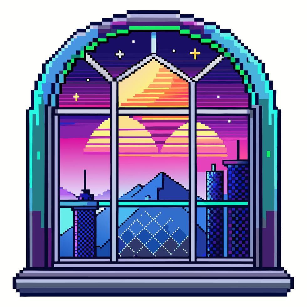 Pixel art sunrise through an arched window overlooking futuristic cityscape and mountains, vibrant digital retro style vector
