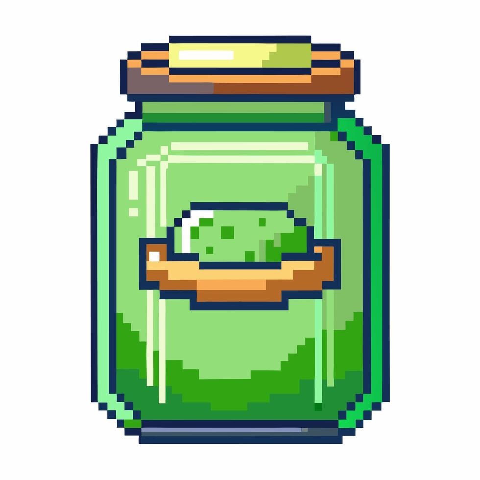 Pixel Art Pickle Jar Retro Gaming Style Illustration of Green Vegetables in Glass Container vector