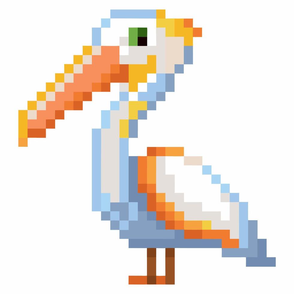 Retro Pixel Art Pelican Illustration with Vibrant Colors in 8 Bit Style Perfect for Digital Designs vector