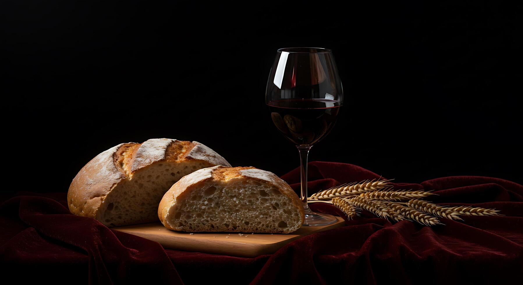 Artisan Bread, Rich Red Wine, and Golden Wheat on Velvet Backdrop - Generated using AI photo