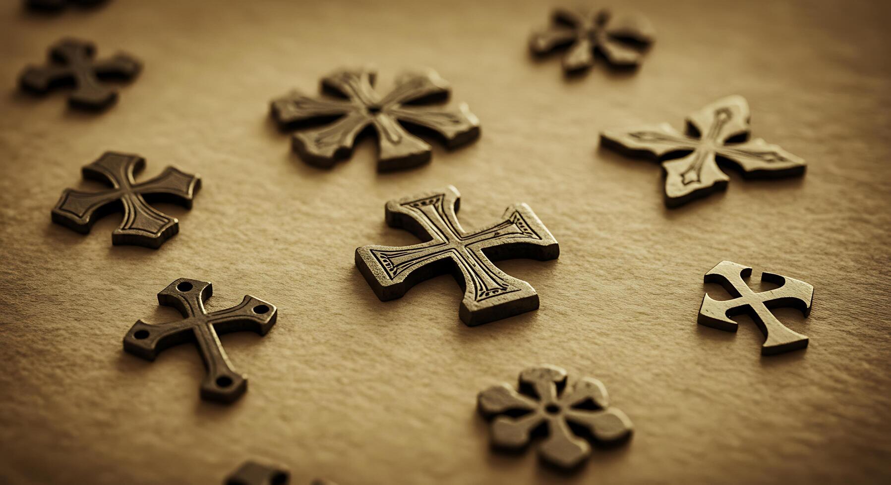 Assorted Metal Emblems on a Textured Surface Creates a Vintage Aesthetic - Generated using AI photo