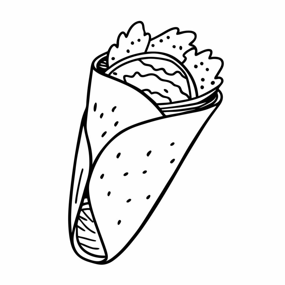Black and White Illustration of Burrito with Lettuce and Wrap Design vector