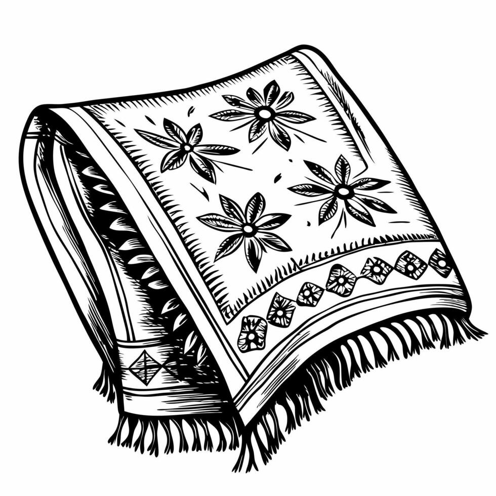 Floral Patterned Throw Blanket with Fringe in Black and White Illustration Style vector
