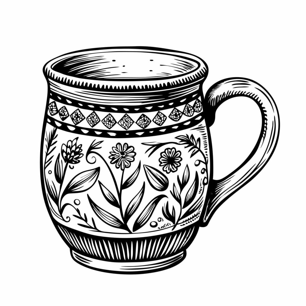Hand Drawn Floral Mug Illustration with Vintage Pattern Design vector