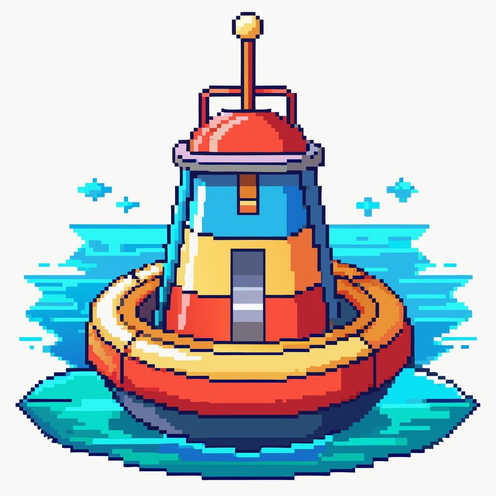 Pixel Art Buoy Floating on Ocean Waves Retro Nautical Illustration vector