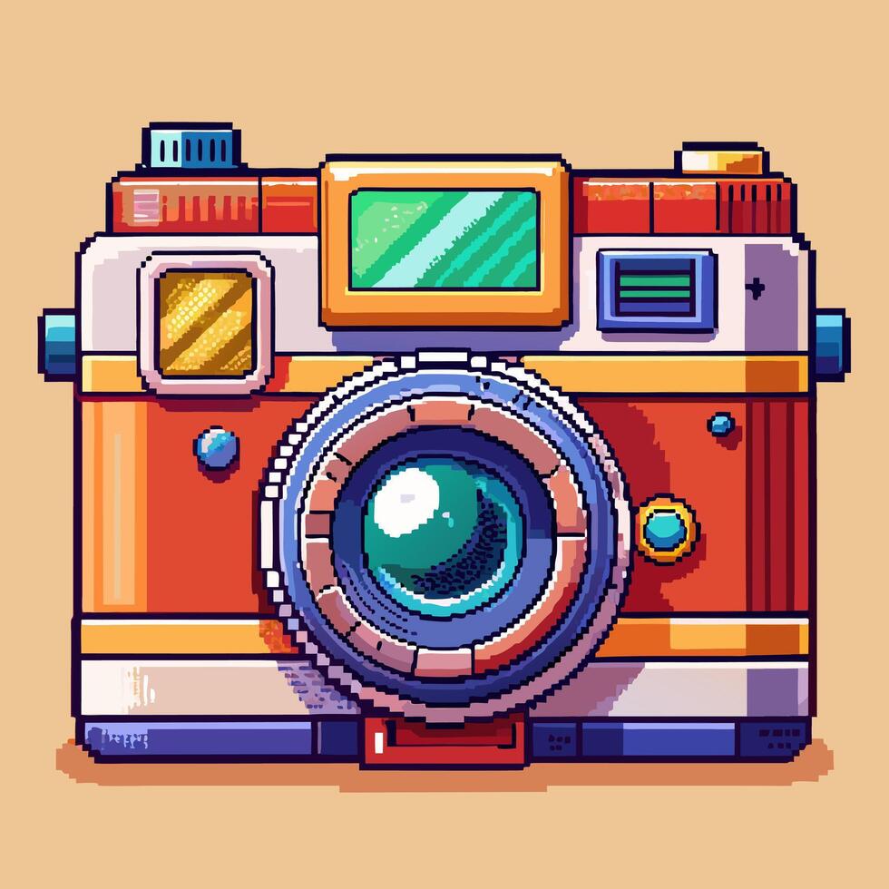 Retro Pixel Art Camera Illustration with Vibrant Colors and Vintage Style vector