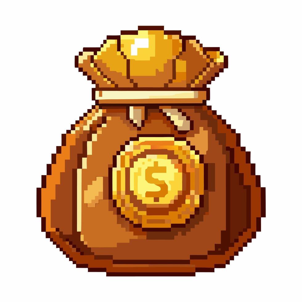 Pixel Art Money Bag Icon with Golden Coin for Retro Game Design vector