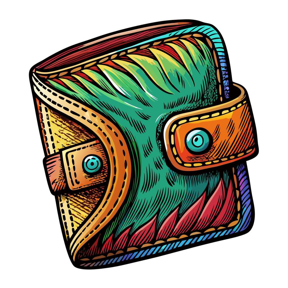 Colorful Vintage Wallet Illustration with Detailed Embroidery Style vector