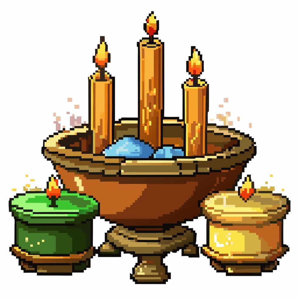 Pixel Art Candles and Stone Bowl Retro Gaming Vibes vector
