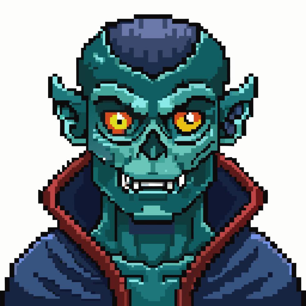 Pixel Art Green Skinned Monster Character with Pointy Ears and Yellow Eyes in Red Collar vector
