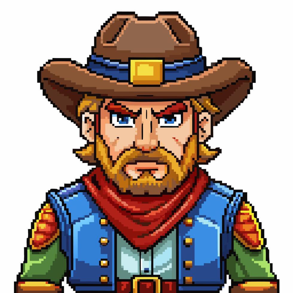 Cowboy Character with Hat and Bandana in Pixel Art Style vector