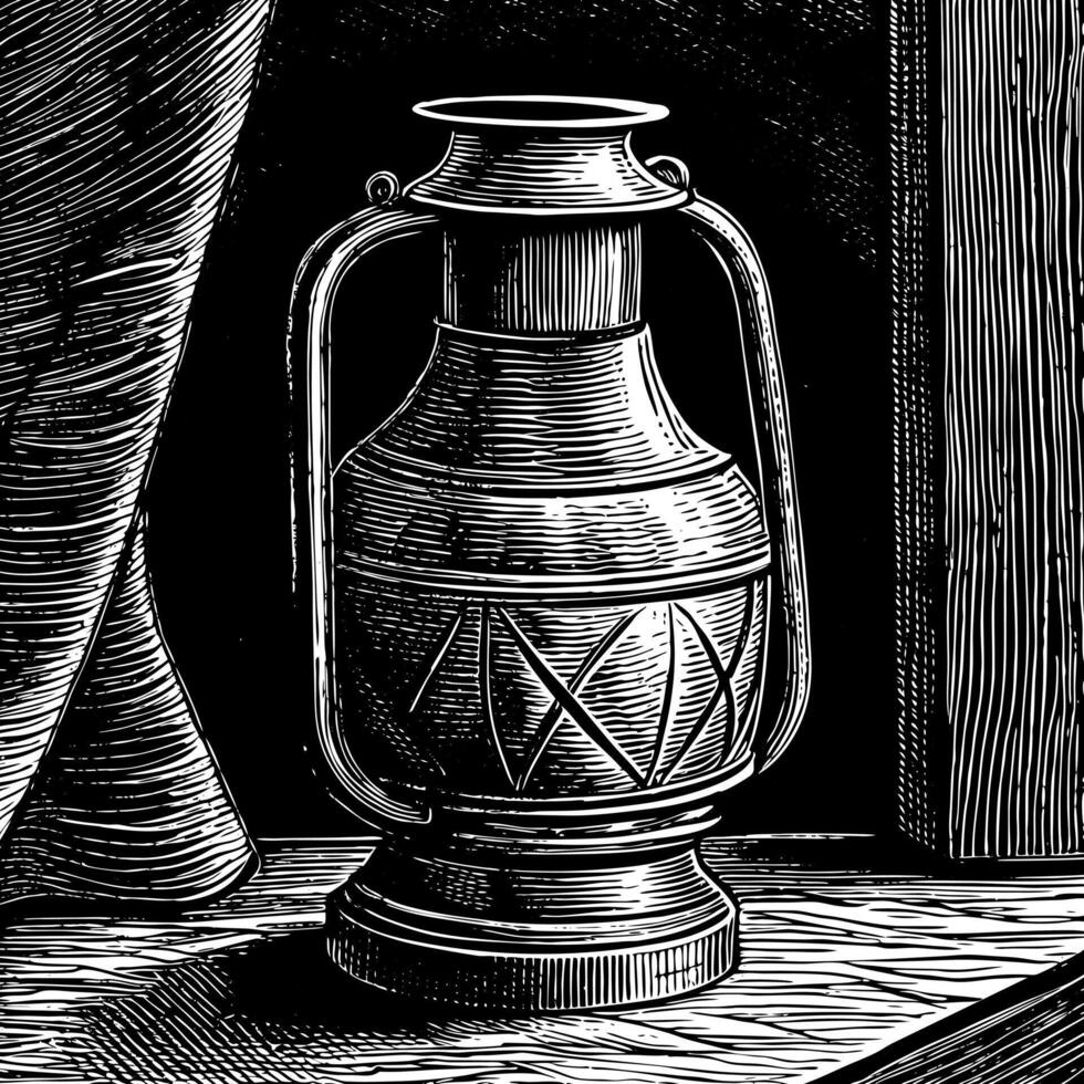Vintage Etched Vase Illustration with Intricate Patterns and Dramatic Shadows vector