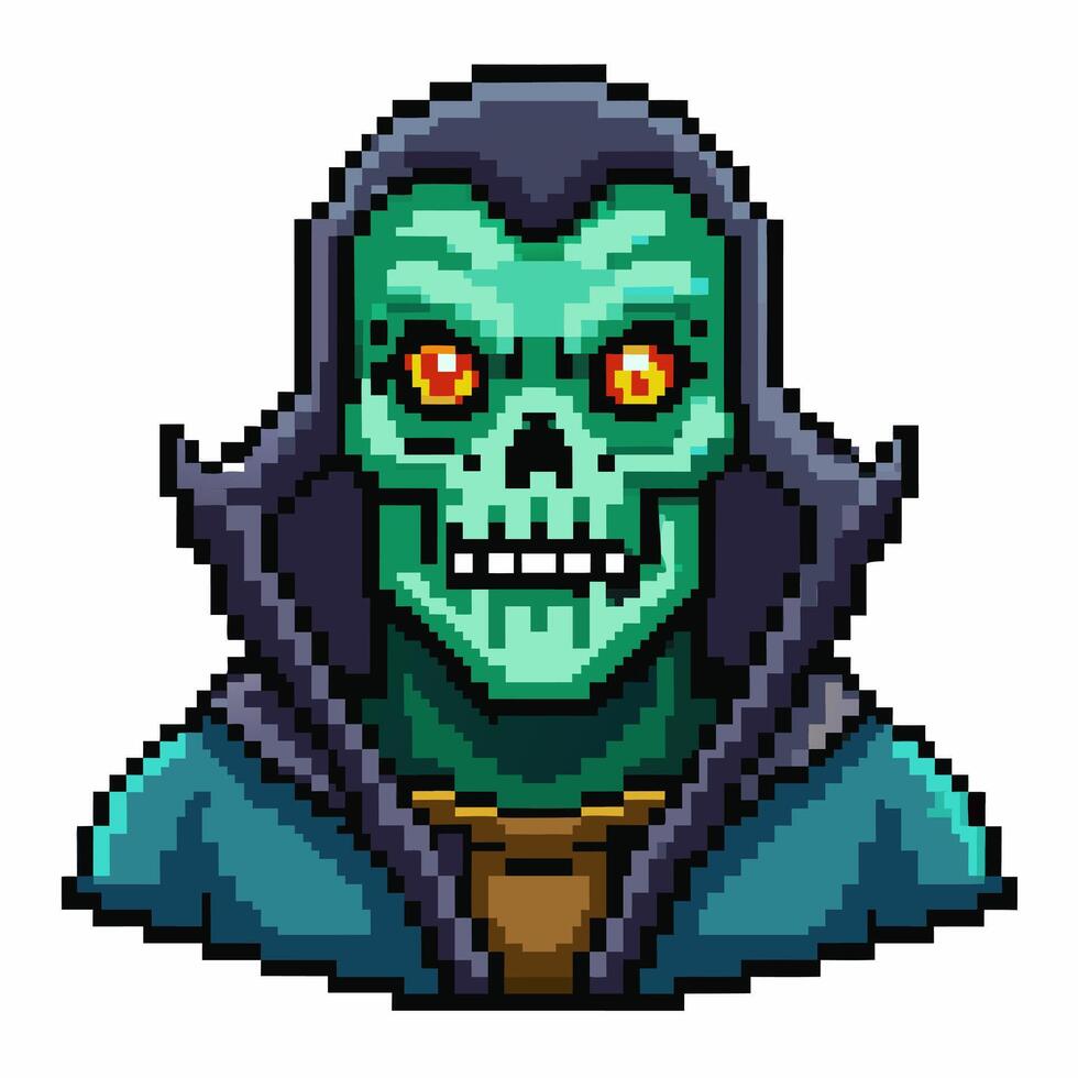 Pixel Art Undead Character with Glowing Eyes in Dark Attire vector
