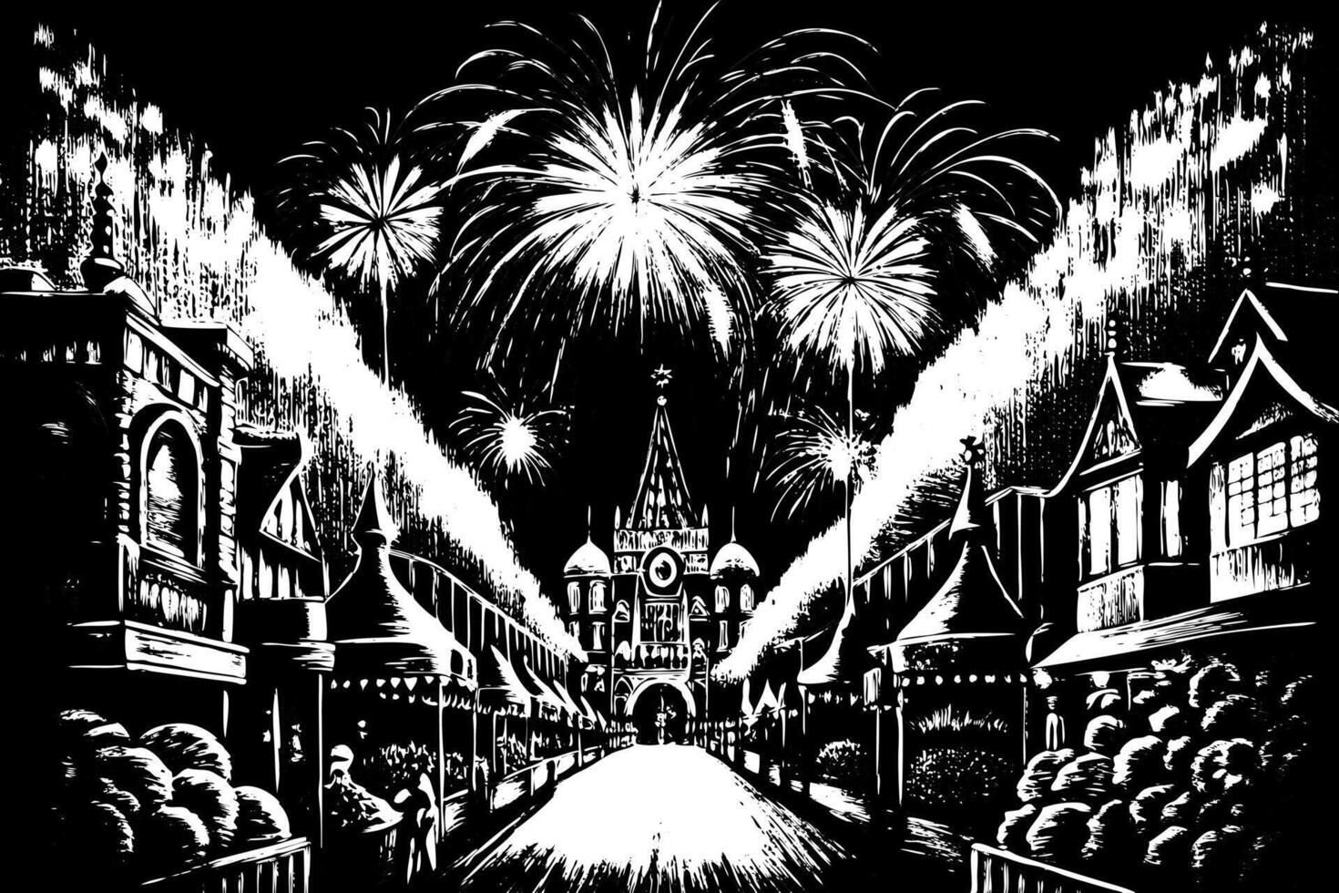 Vintage Nighttime Village Celebration with Dramatic Fireworks Display in Black and White vector