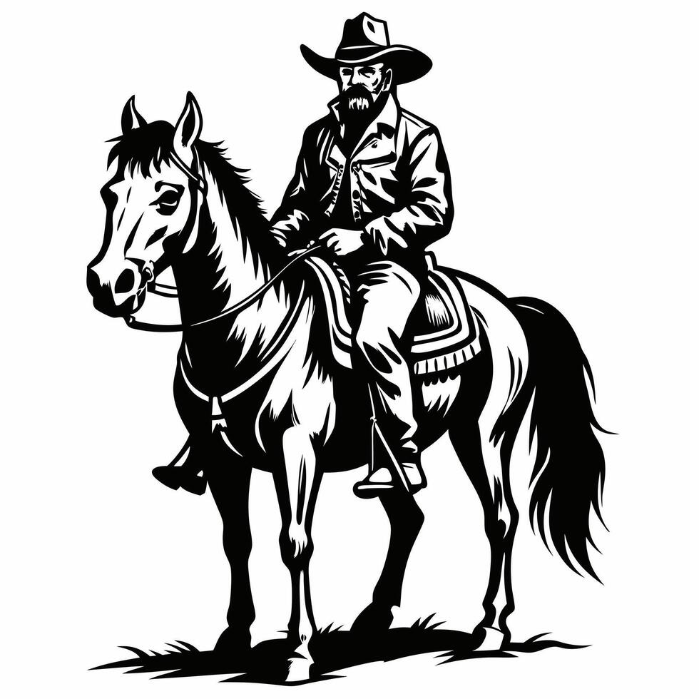 Black and White Cowboy Illustration on Horseback Western Themed Art vector