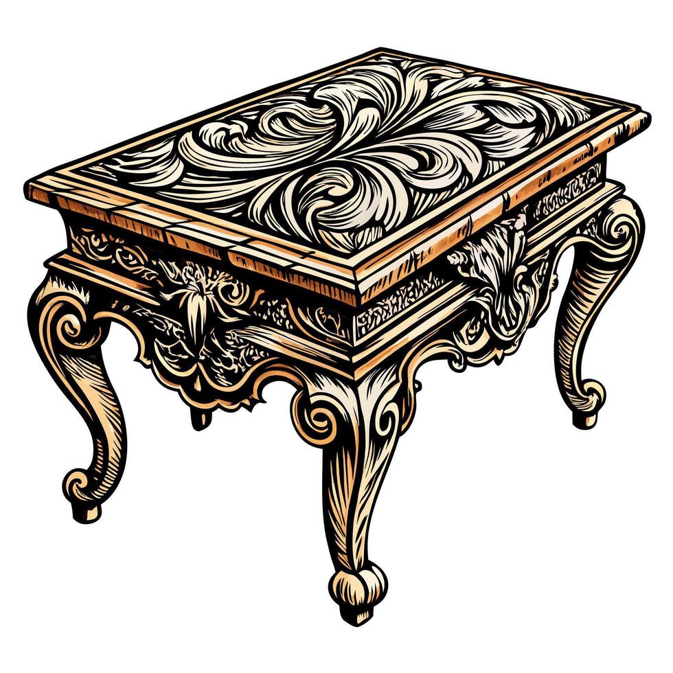 Ornate Vintage Wooden Table with Intricate Carved Details in Elegant Design vector