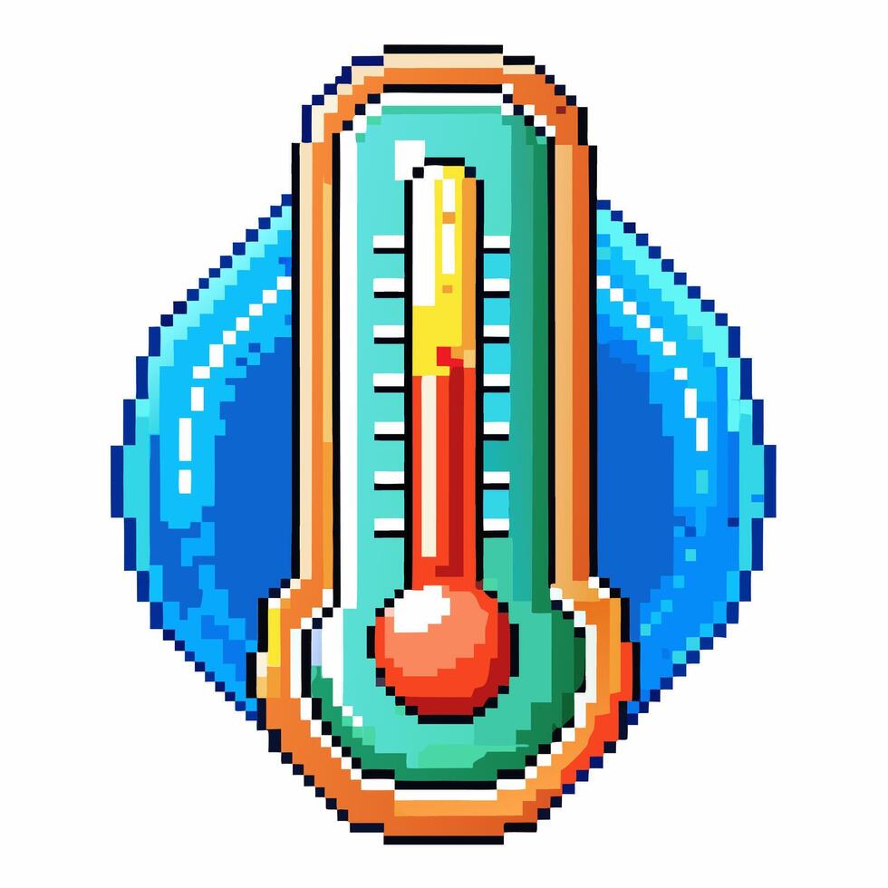 Retro Pixel Art Thermometer Icon with Temperature Gauge and Blue Border vector