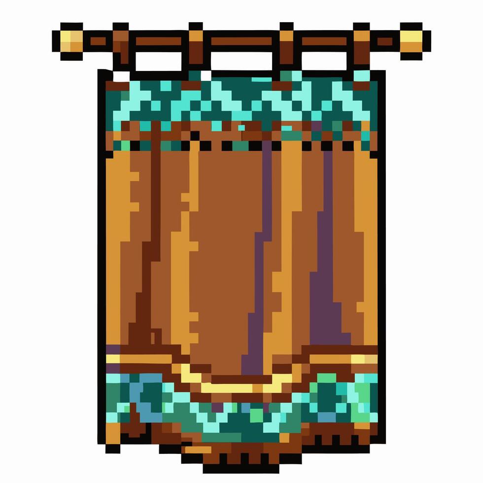 Retro Pixel Art Curtain with Geometric Patterns in Brown and Teal Tones vector