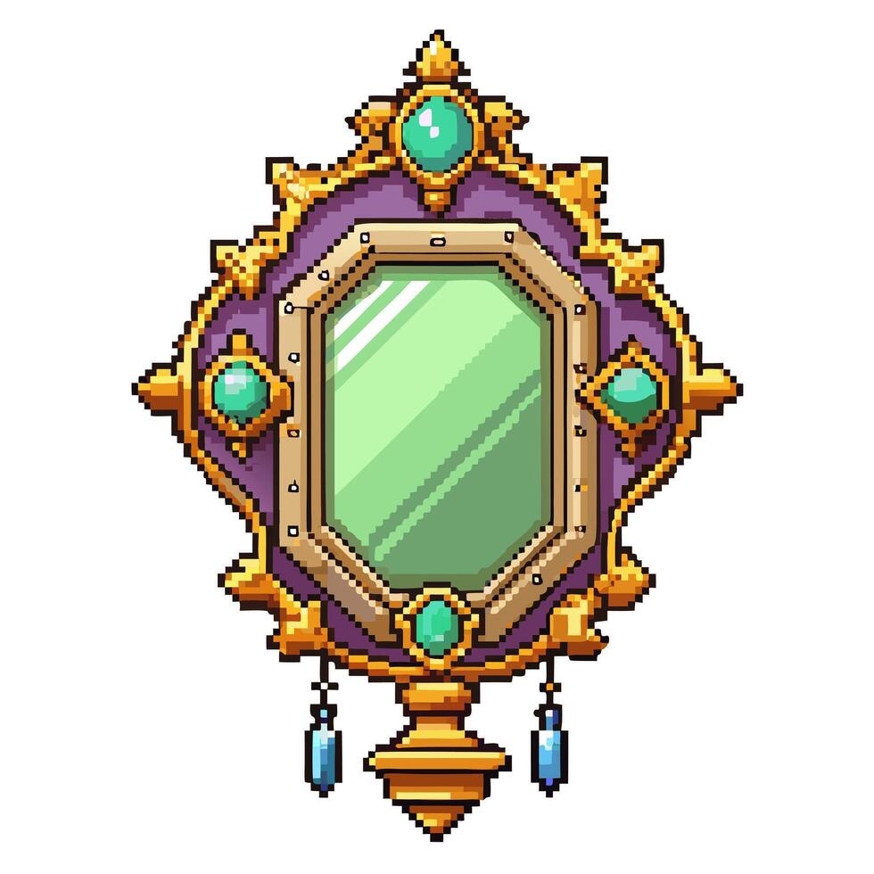 Vintage Pixel Art Mirror with Gemstones Ornate Frame and Retro Design vector