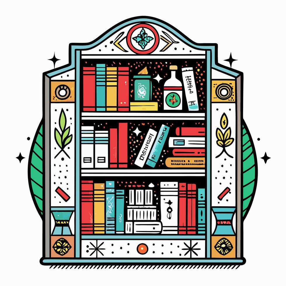Vintage Bookshelf with Decorative Elements and Antique Books in Detailed Illustration vector