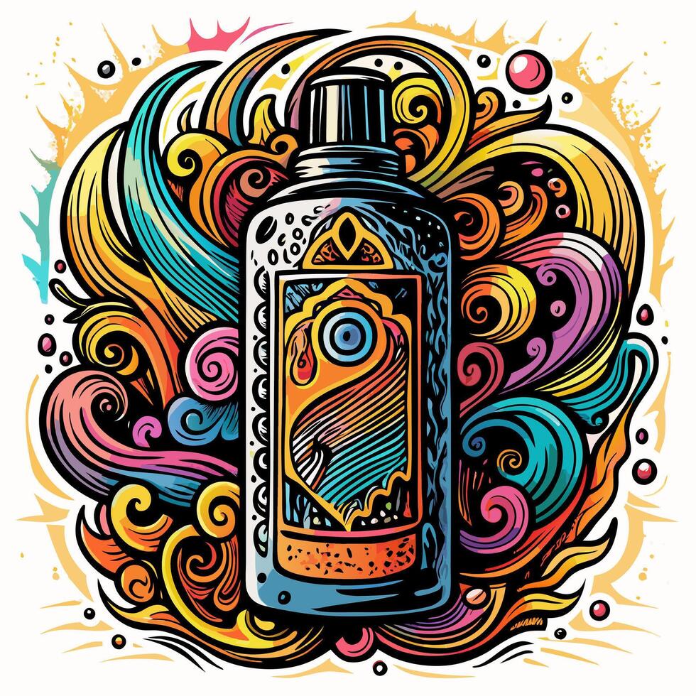 Psychedelic Swirls Surrounding a Vibrant Bottle Bold Pop Art vector