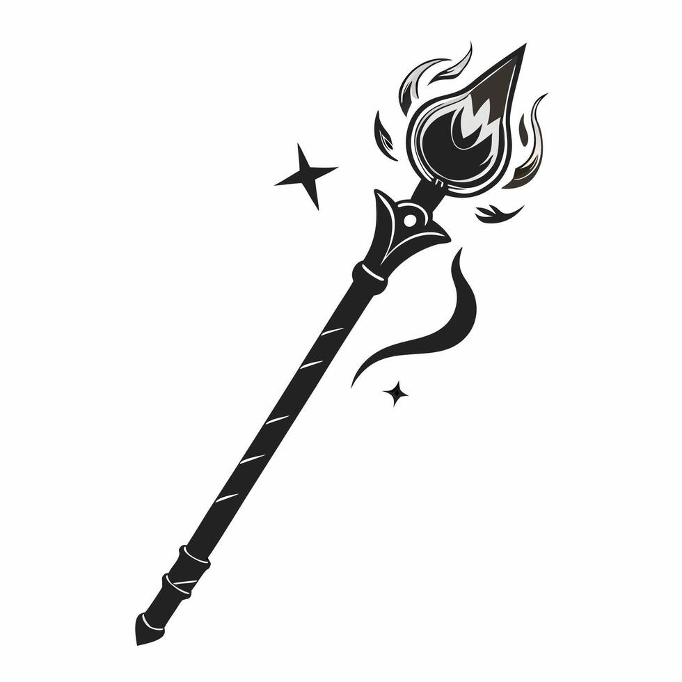 Magical Flaming Staff Illustration with Mystical Elements in Black and White vector