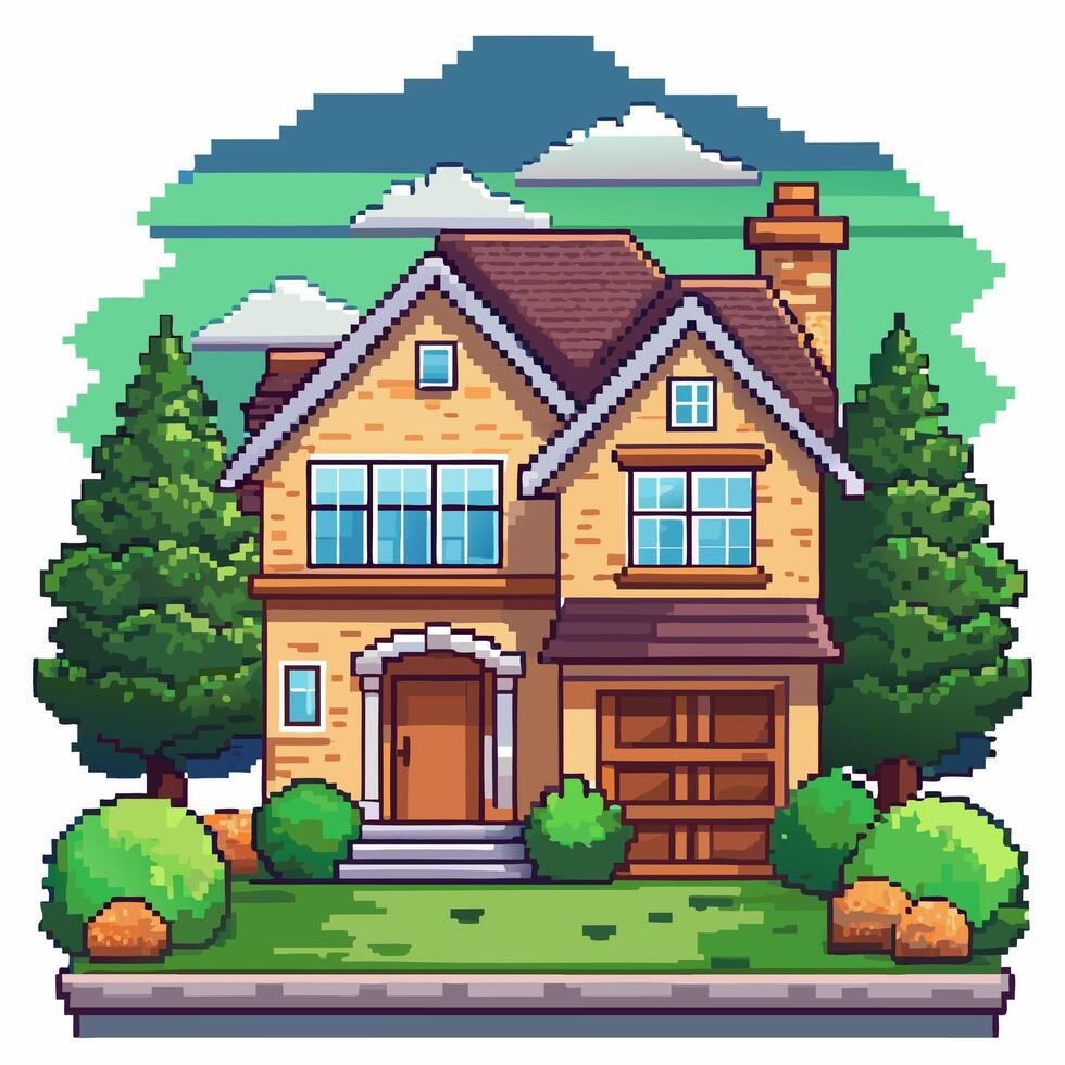 Charming Pixel Art Suburban House with Garden and Trees vector