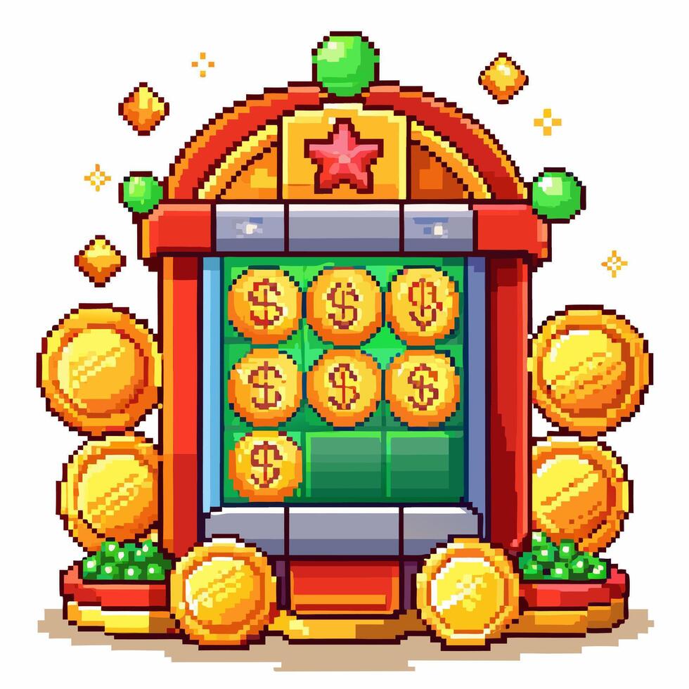 Retro Pixel Art Slot Machine with Gold Coins and Gems vector