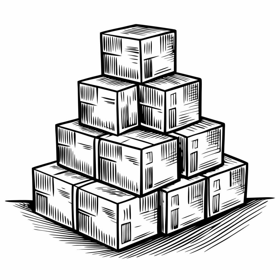 Hand Drawn Stack of Boxes in Black and White Graphic Illustration vector
