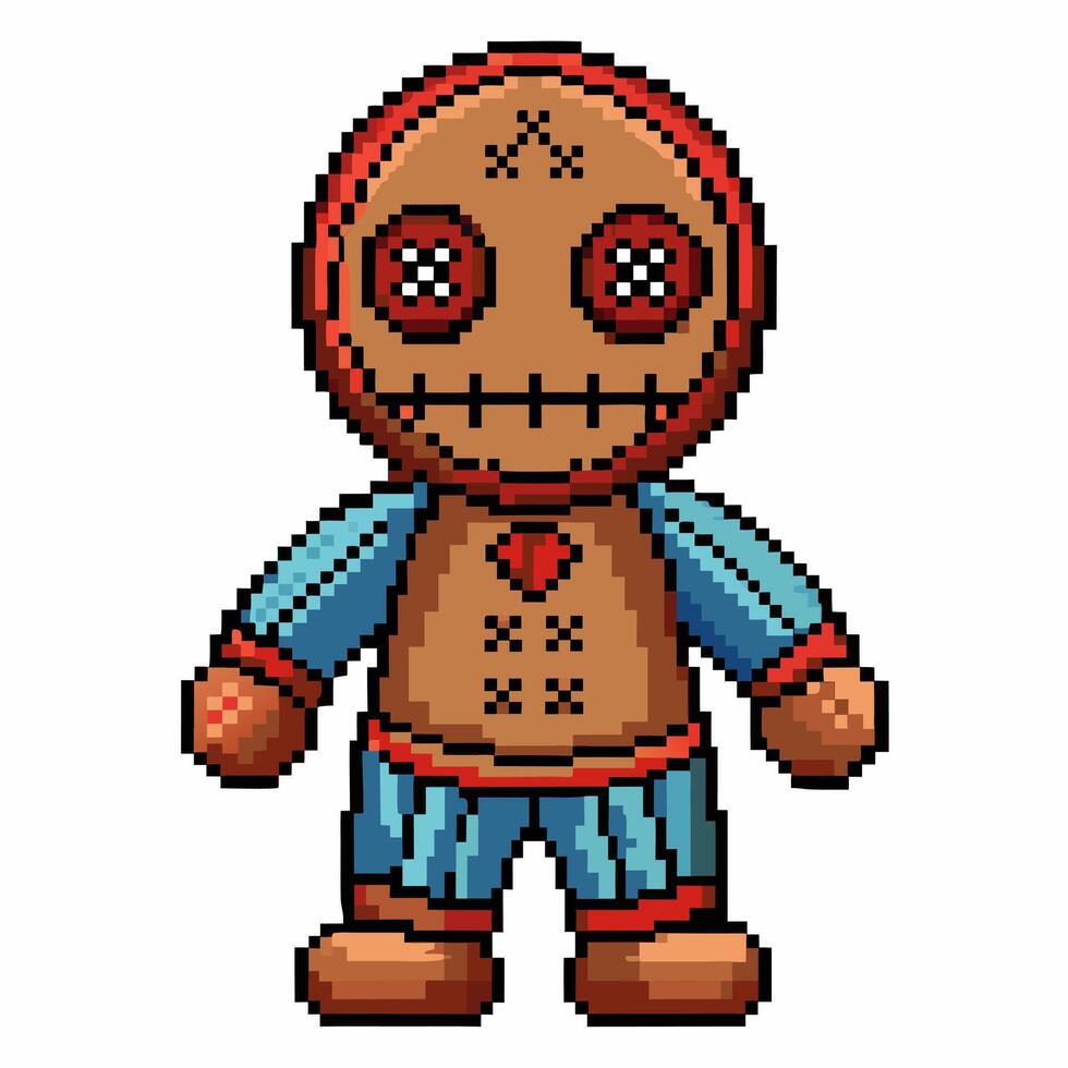 Pixel Art Voodoo Doll with Heart Patch and Button Eyes Digital Retro Gaming Character Illustration vector