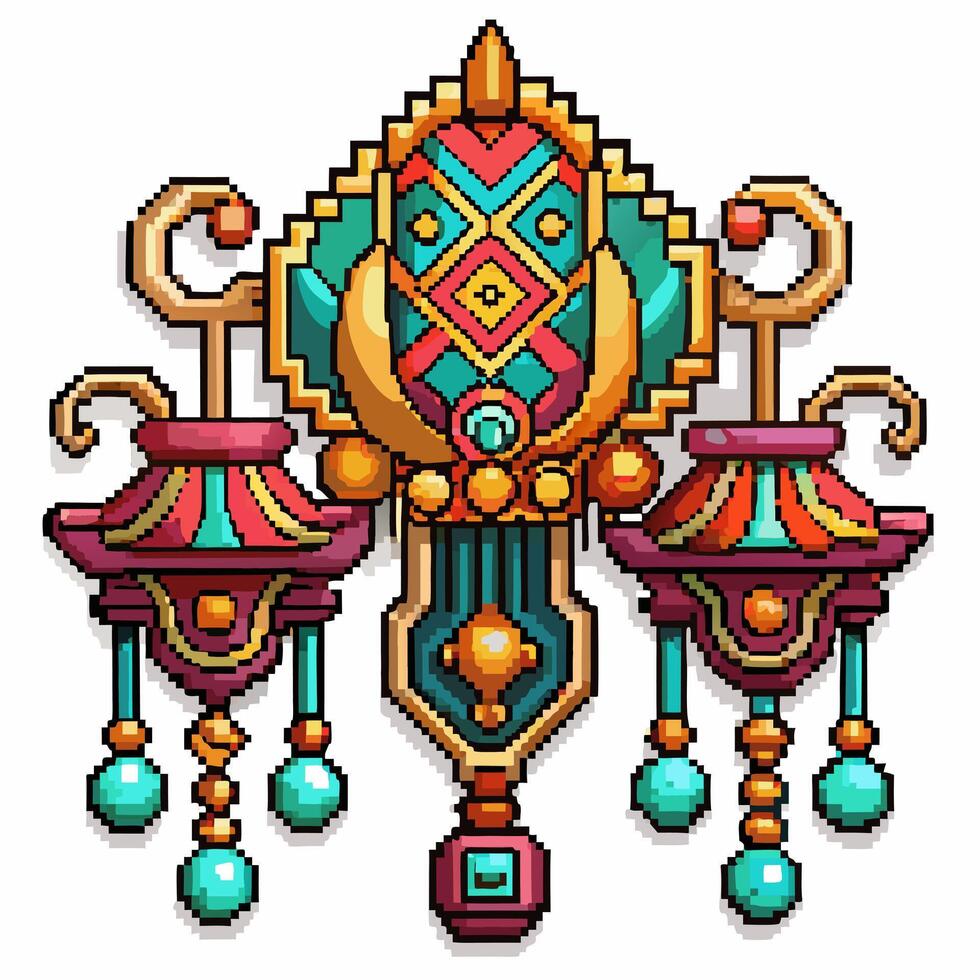 Ornate Pixel Art Design with Geometric Patterns and Jewel Tones vector