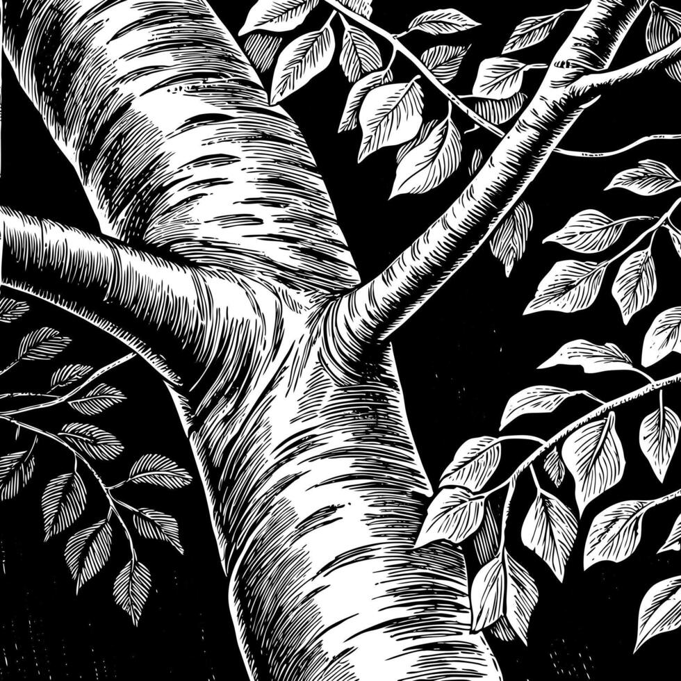 Black and White Tree Bark and Branch Illustration with Leaves on Dark Background vector