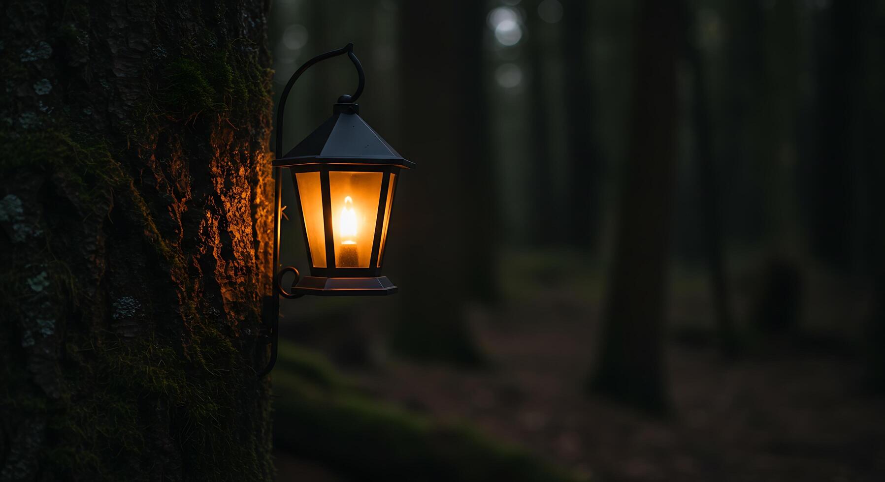 Illuminated lantern affixed to a mossy tree in a shadowy forest - Generated using AI photo
