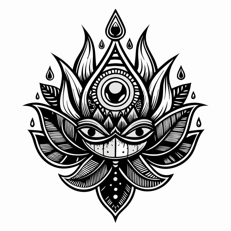 Ornate Lotus Mandala with Third Eye and Teardrop Elements in Black and White Illustration vector