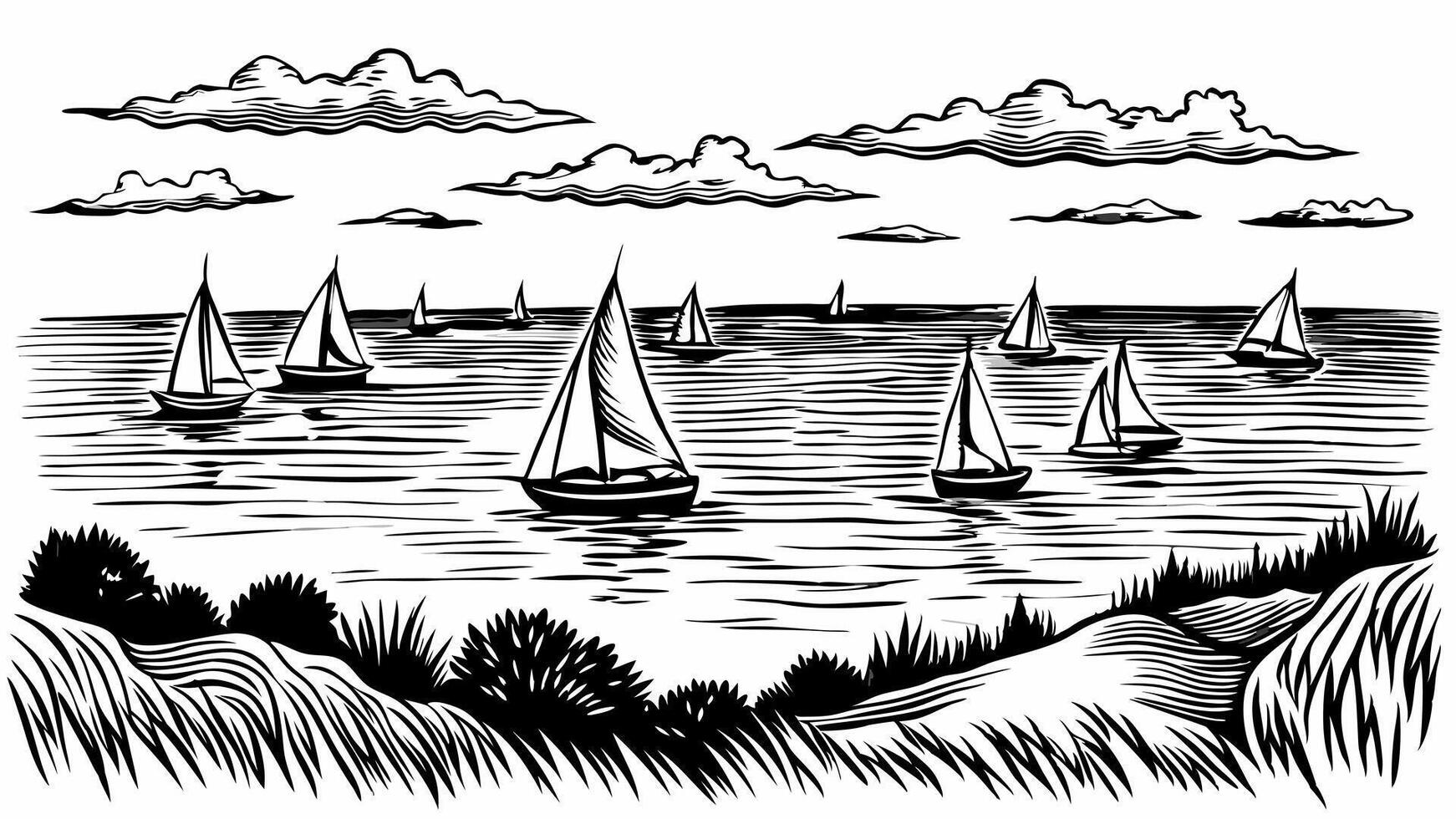 Black and White Sailboats at Sea Vintage Nautical Illustration vector