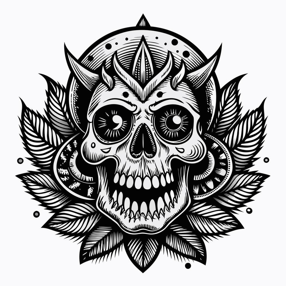 A skull with horns and a devilish expression vector