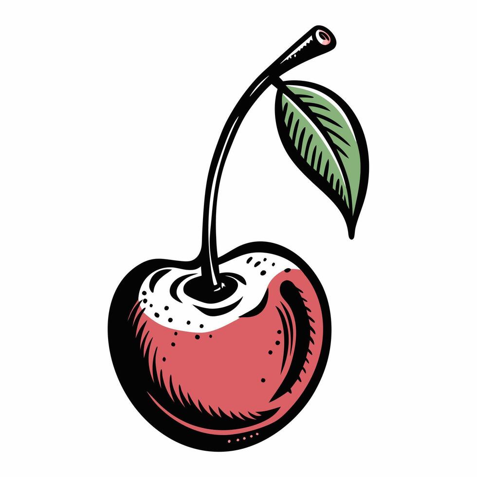 Vintage Cherry Illustration with Leaf in Retro Pop Art Style vector