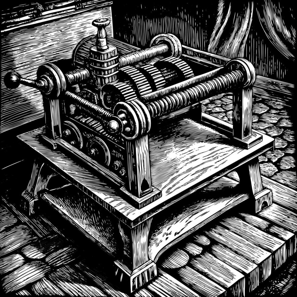 A black and white drawing of a machine with a wooden base vector