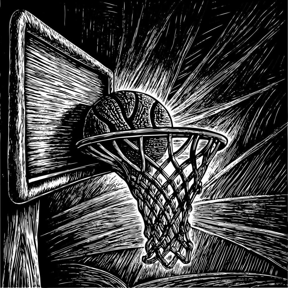 Vintage Basketball Engraving Ball Swooshing Through Hoop in Dynamic Style vector