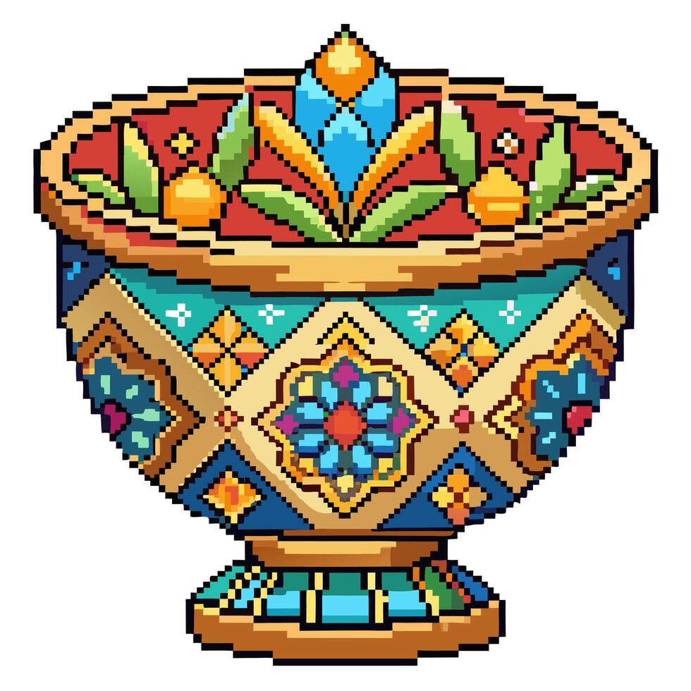 Colorful Pixel Art Ornamental Bowl with Geometric and Floral Patterns vector