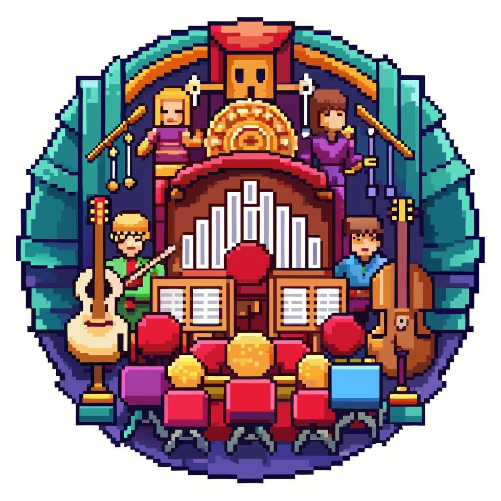 Pixel Art Orchestra Performance with Musical Instruments and Audience vector