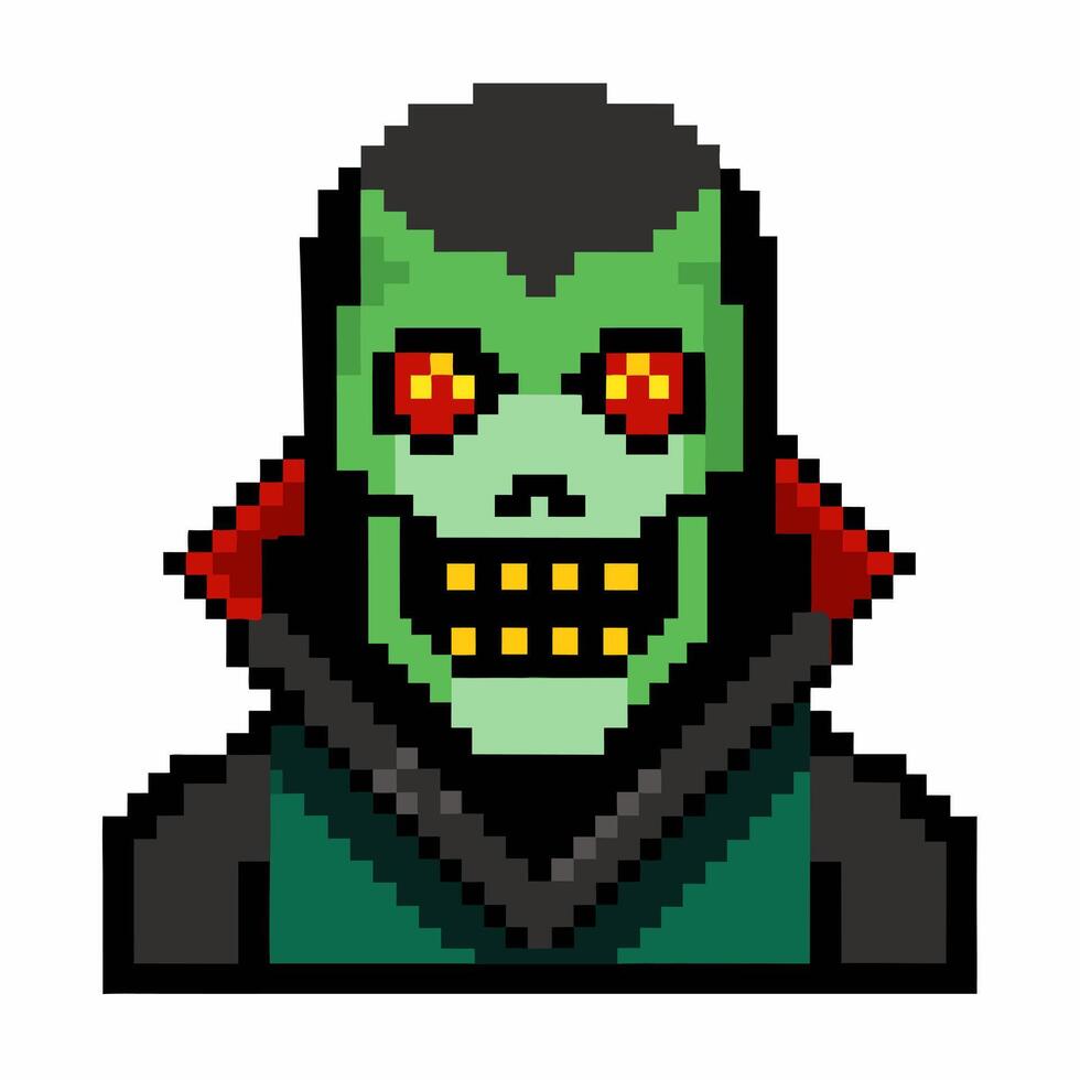 Pixel Art Green Zombie With Red Eyes and Black Cloak vector