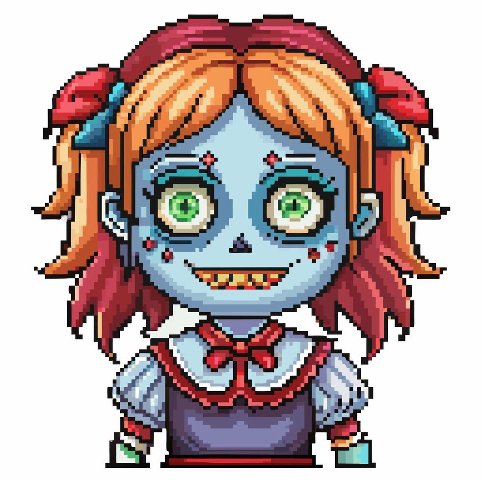 Pixel Art Zombie Character with Pigtails and Red Bows on Blue Skin vector