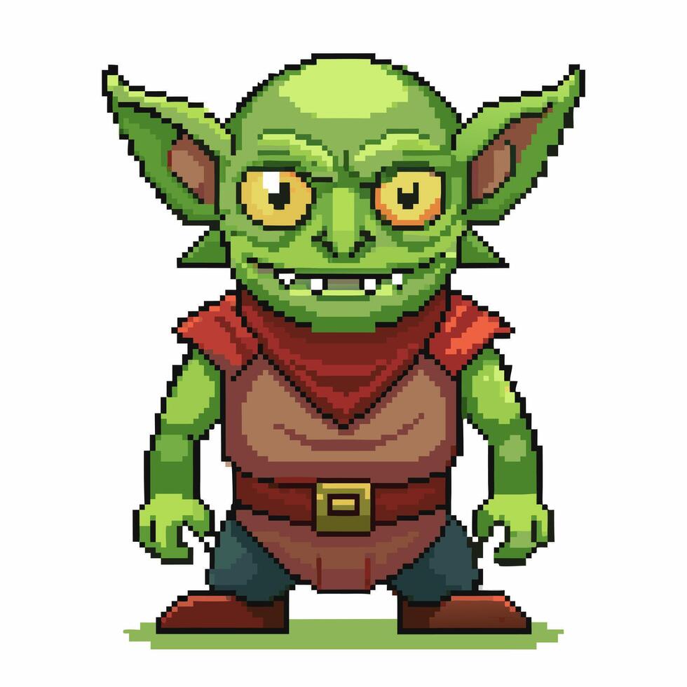 Pixel Art Green Goblin Character in Fantasy RPG Game Retro 8 bit Style Monster with Pointy Ears and Yellow Eyes vector