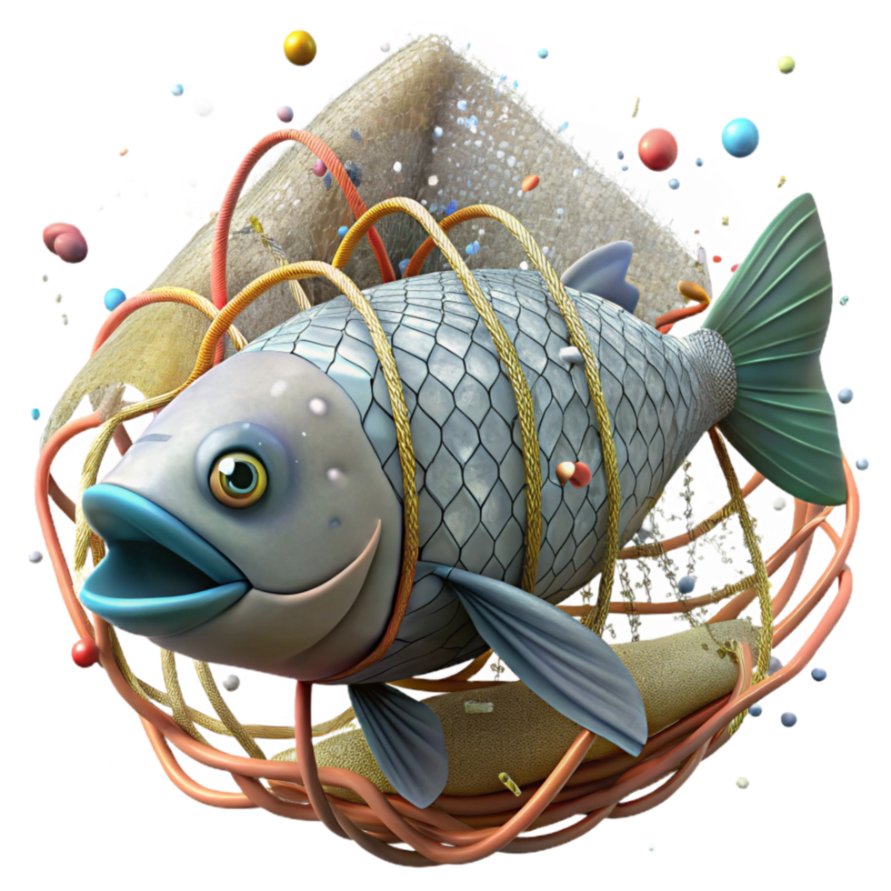 vibrant rustic Fish Caught in Abandoned Fishing Gear Isolated Transparent Background Underwater Scene detailed png